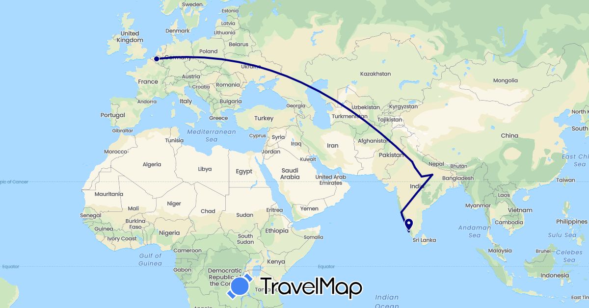 TravelMap itinerary: driving in Belgium, India (Asia, Europe)